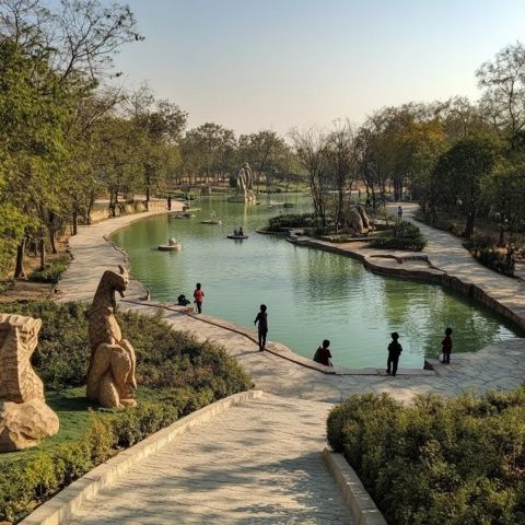 多年前暑期去承德旅游回来，途经一地，只见河内少年在戏水游泳，河堤树荫下三五成群